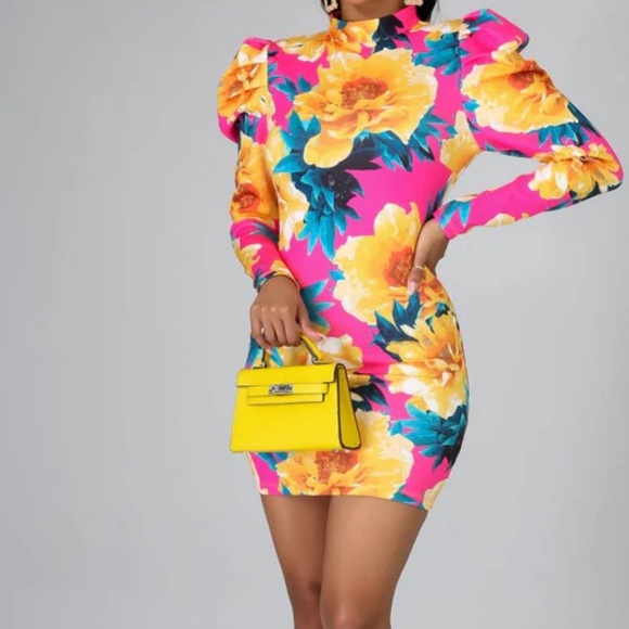Jealous Tamatoes Puffy Sleeve Floral Mini bodycon Dress - Picture 4 of 4